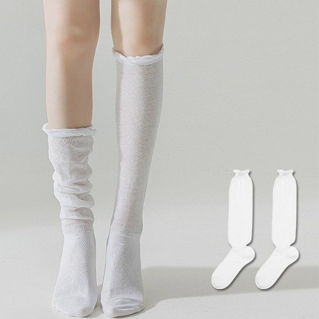 패션파트너 (2P / 2color) 여성용 시스루 셔링 레이어드 니삭스 주름 장목 양말