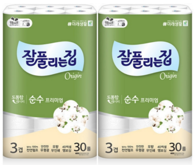 잘풀리는집 순수프리미엄 30m 30롤x2팩, 2개, 30개입