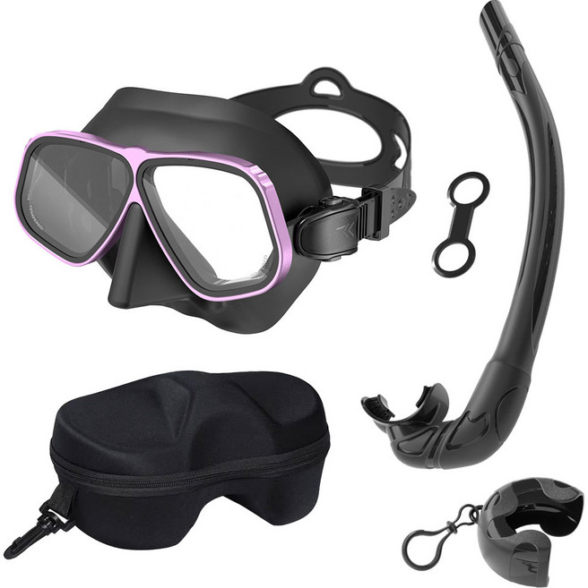 플로디 프리다이빙 유리 마스크 스노클 세트, 블랙/핑크