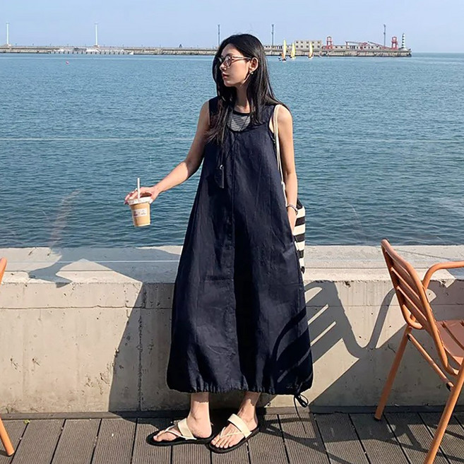 네모엔룩 린넨솔리드 여성용 루즈핏 U넥 민소매 밑단 스트링 포켓 나시 A라인 롱 원피스