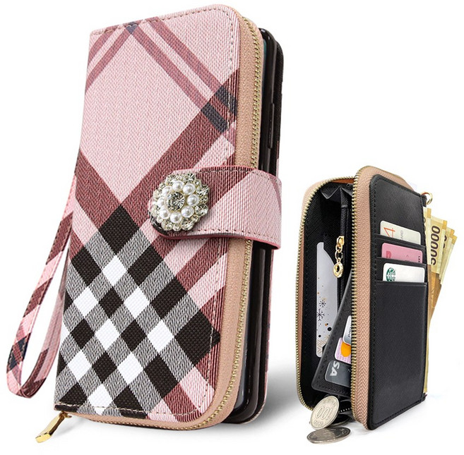 외부지퍼 버킨체크 DIA 장신구 손목줄 스트랩 지갑형 다이어리 휴대폰케이스