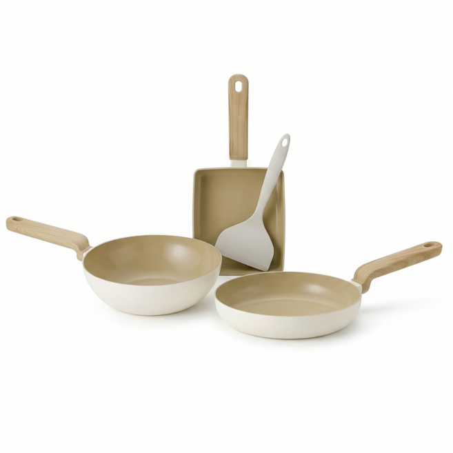 아이제나흐 크레마 우디 세라믹 프라이팬, 1세트, 세라믹팬28cm+궁중팬26cm+계란말이팬18cm, 화이트 크림