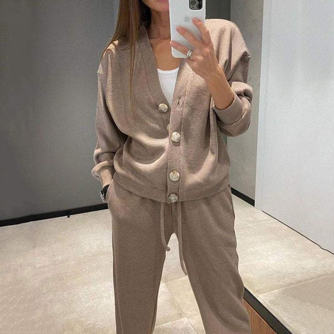 FANSYLI 여성 캐주얼 세트 가을 겨울 브이넥 가디건+캐주얼 바지 투피스 스타일리쉬 심플 빅사이즈 트레이닝복 상하복 W2509S08