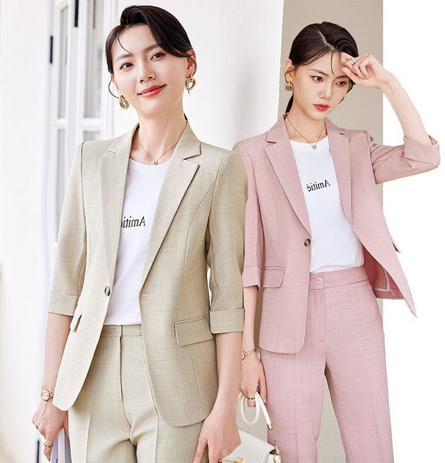여성 정장 자켓 팬츠 세트 봄여름 슬림핏 7부 소매 얇은 투피스 출근룩