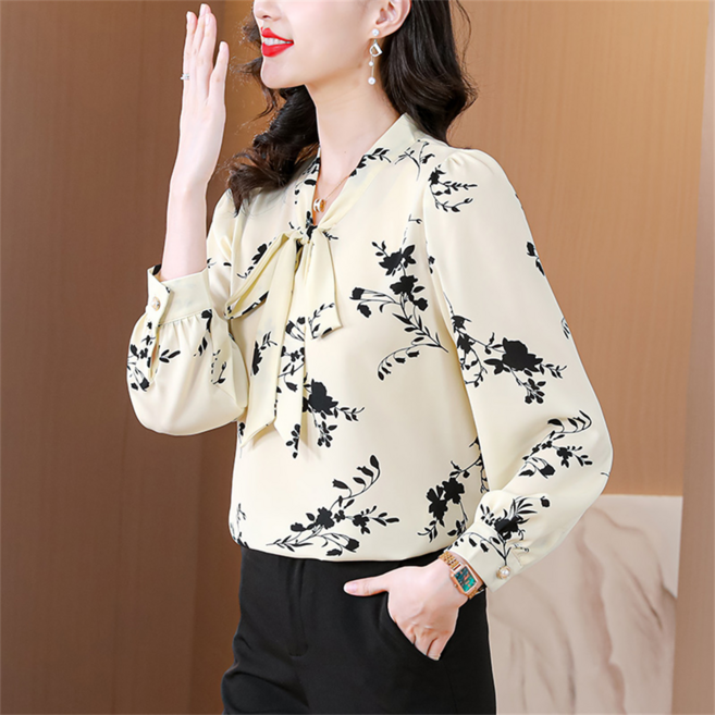 TKX 여성 블라우스 봄 가을 스타일 꽃무늬 리본타이 블라우스 긴팔블라우스 K37