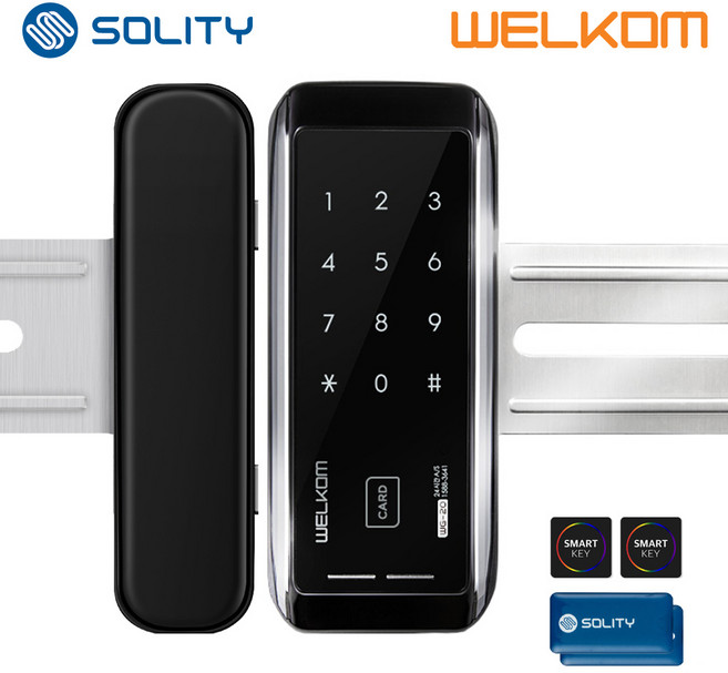 솔리티 웰콤 WG-20 카드키4개+번호키 강화유리문용 좌우수문인식(키패드자동전환) 상시문열림기능 차임벨기능 생활방수 상가 빌라 현관문 디지털도어락 도어록, 웰콤 WG-20 양문형(홀더 포함), 고객직접설치