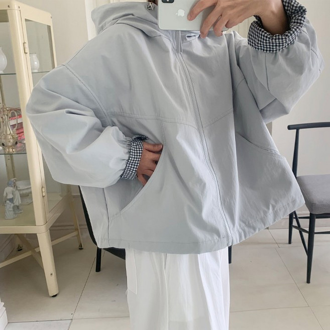 애플망고옷장 여성 오버핏 18002 체크포켓 바람막이 후드 집업 자켓 빅사이즈 간절기 잠바