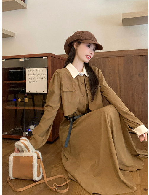 ANYOU 빅사이즈 여성 긴팔 원피스 코듀로이 롱원피스 결혼식 하객룩 패션 데일리룩 오피스룩