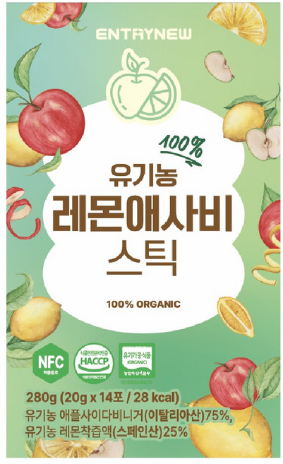 엔트리뉴 100% 유기농 레몬애사비 스틱 애사비 식초, 1박스, 280g
