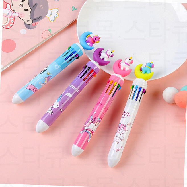 귀여운 피규어 인형 멀티펜 캐릭터 푸시펜 다용도 선물용 10색 볼펜, 달유니콘랜덤