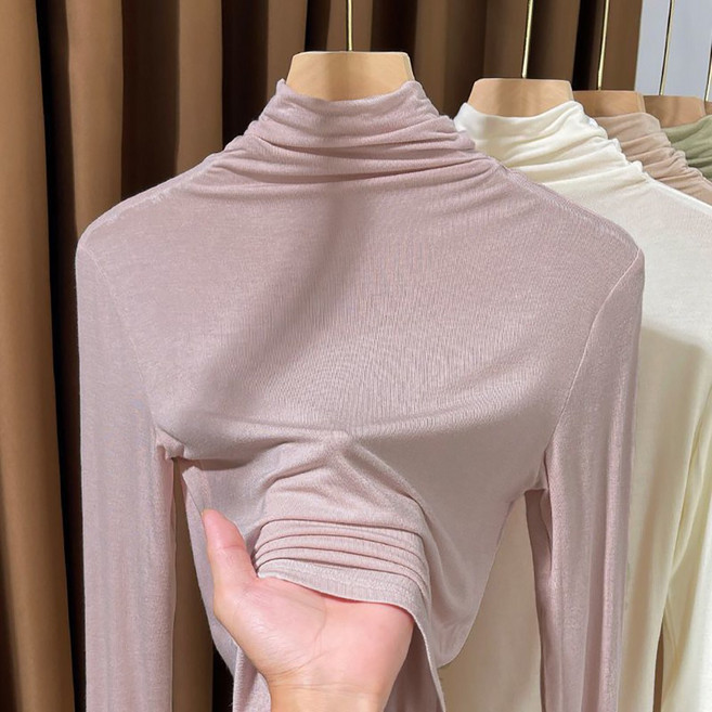 ROYALBELLE 여성 모달면 목폴라 슬림핏 긴팔 이너 레이어드 베이직 데일리 순색 티셔츠 S0122201