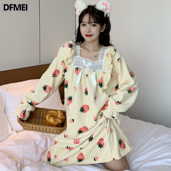 여성 플란넬 파자마 레이스 수술 잠옷 롱스커트 딸기 코랄 파자마