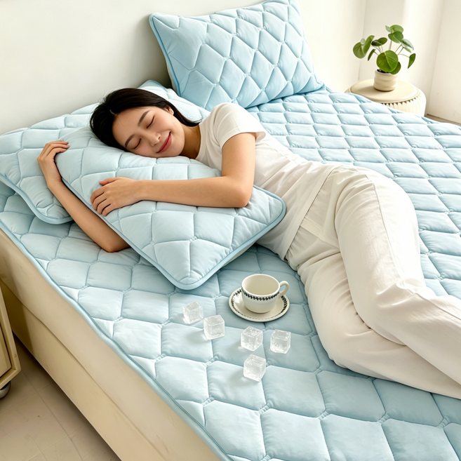 아리엘노 여름 시원한 냉감패드 쿨링 침대패드 쿨매트 고정밴드형, 아이스블루