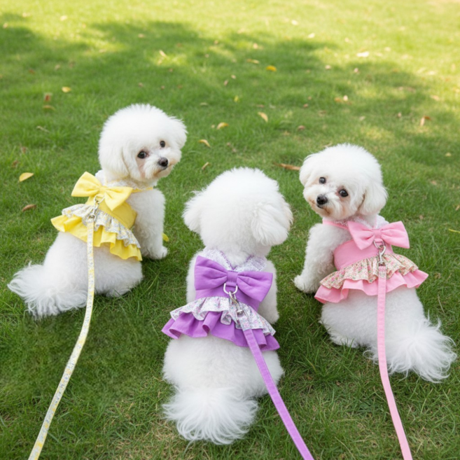 BUNNY PET 강아지 고양이 산책용 러블리 플라워 리본 벨크로 하네스, 1개, 로즈밀크 핑크