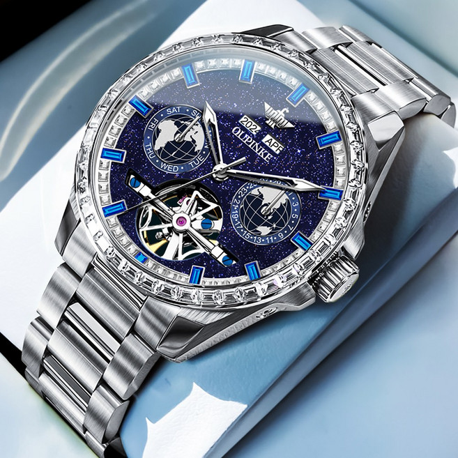 OUPINKE 남성 시계 정품 자동 기계식 오토매틱 럭셔리 명품 워터프루프 야광 하늘 메탈 큐빅 다기능 남성시계
