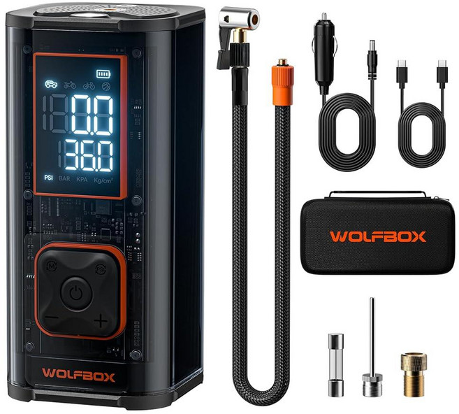 WOLFBOX 150PSI 튼튼한 타이어 팽창기 휴대용 공기 압축기 자동차 타이어용 이중 실린더 45LPM 고속 에어 펌프 8.9cm(3.5인치) LED 디스플레이 50.