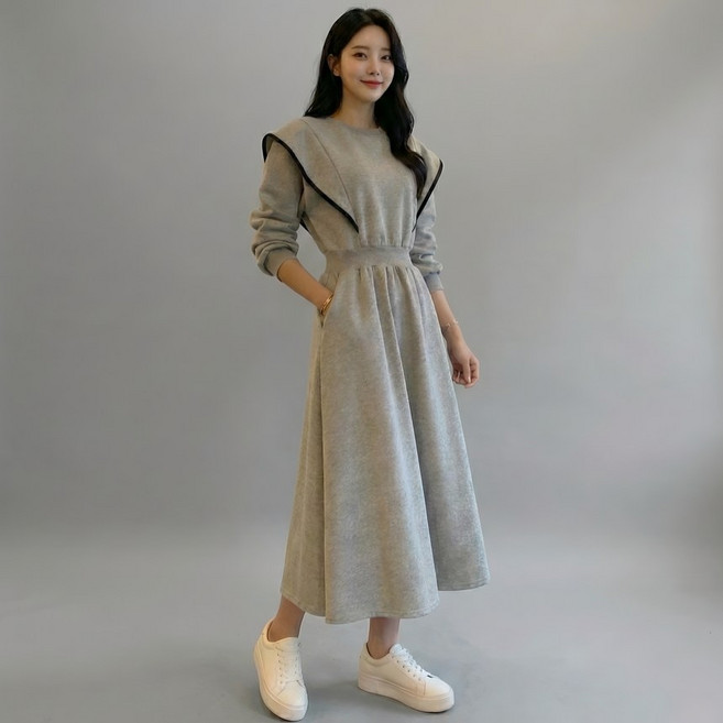 허리 밴딩 플레어 롱 기모 원피스