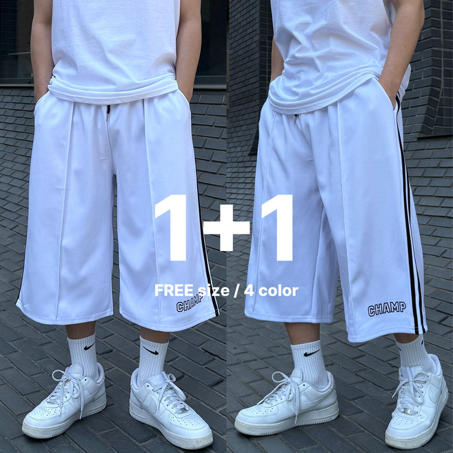 1+1 르위 고중량 밴딩 라인 핀턱 벌룬 트랙 버뮤다팬츠