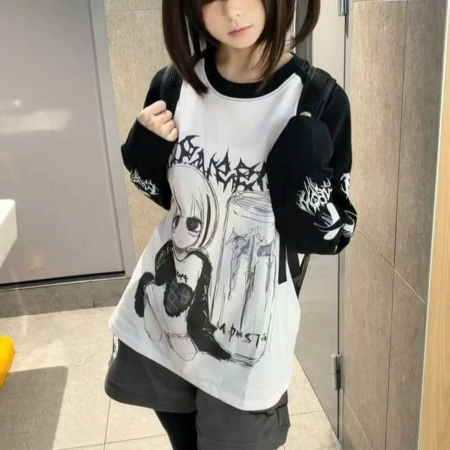 지뢰계옷 서브컬쳐 멘헤라 얀데레 블랙 긴팔 티셔츠 루즈핏