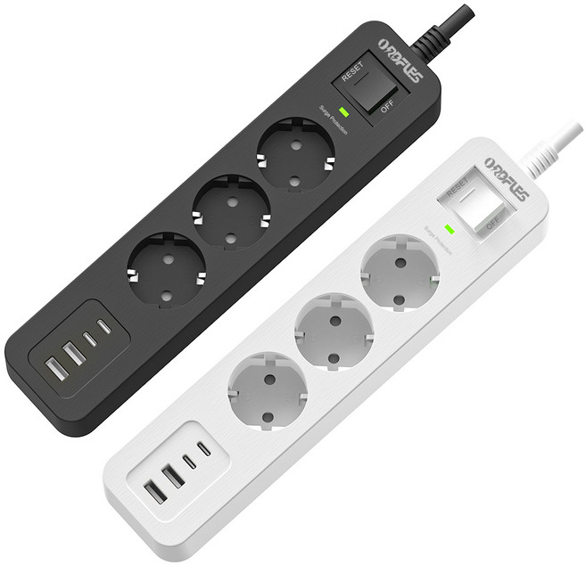 ORDFLES USB 멀티탭 2A+2C PD20W 고용량 과부하차단 3구, 1개, 3구 블랙, 2m