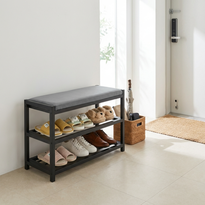 온더템 아파트 원룸 학원 현관 슬림 벤치 신발장 의자 수납 정리대(3단600), 3단, 블랙