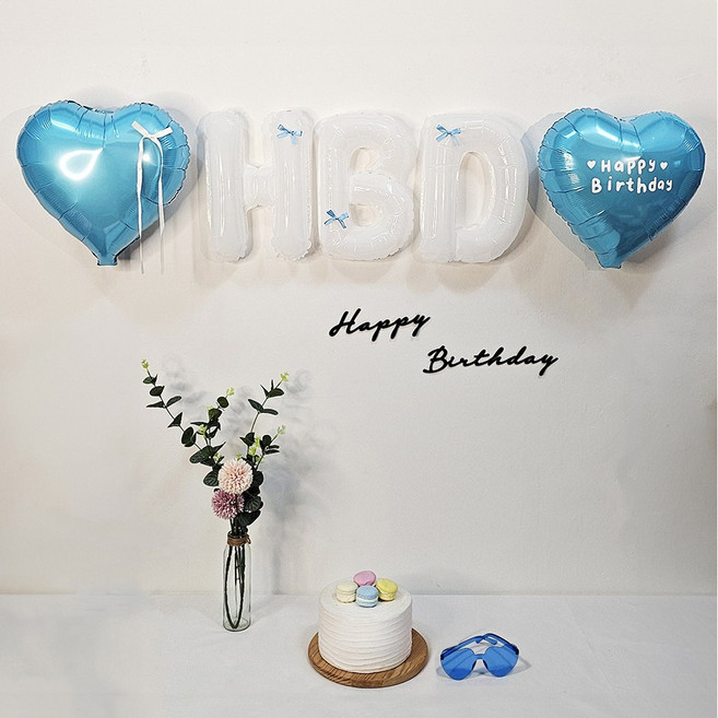올리브파티 HBD 리본 호일 풍선 레터링 가랜드 생일 파티세트, 1세트, 화이트블루