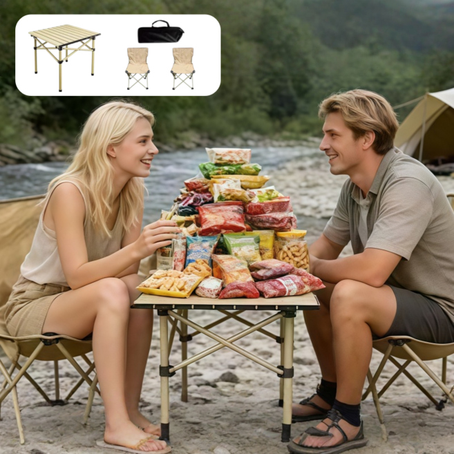 아웃도어 미니 초경량 테이블 의자 + 가방세트 테라스테이블 의자 세트 롤테이블 의자 2인용 세트, 옐로우