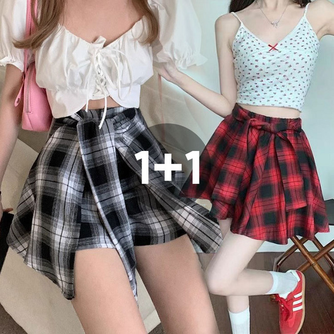 델루비오 체크 셔츠 힙커버 레이어드 미니스커트