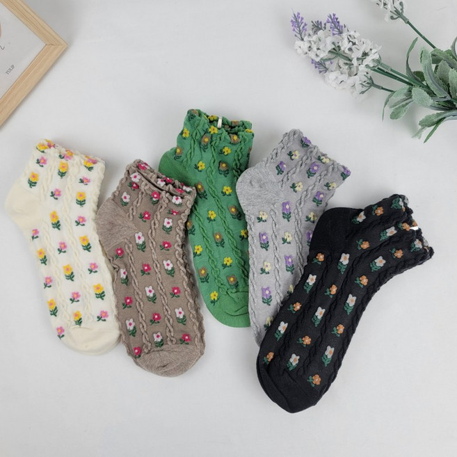 튤립 꽃양말 플라워 양말 세트 5족 여성 패션 미니 꽃무늬 꽃자수