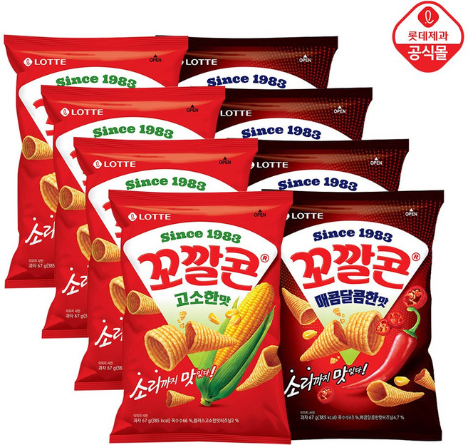 롯데제과 꼬깔콘 고소한맛67gX4개+꼬깔콘 매콤달콤67gX4개, 8개, 67g