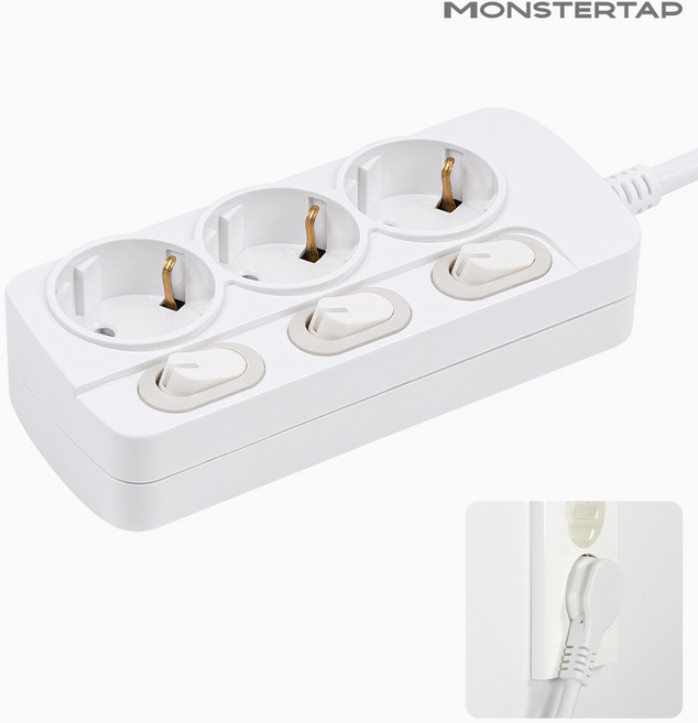 몬스터탭 국산 개별 절전 과부하차단 스위치 멀티탭 슬림 플러그, 1개, 개별 3구 화이트, 1.5m