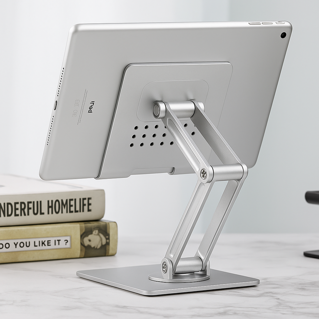 홈앤힐링 높이조절 태블릿거치대 접이식 탁상용 패드거치대 11인치까지, 회전형 실버, 1개