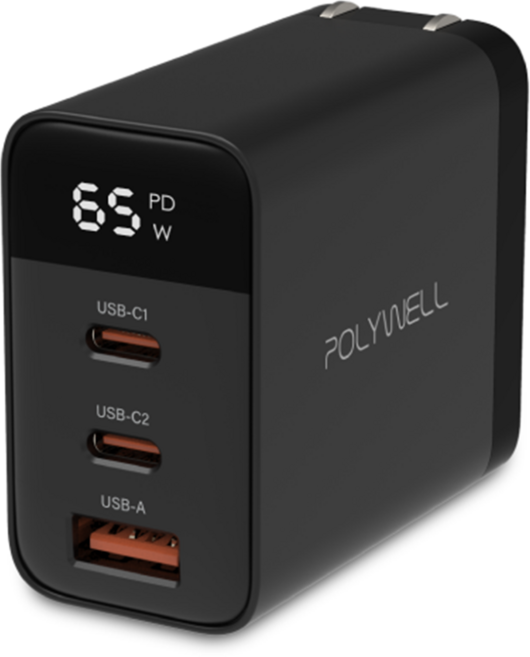 POLYWELL 65W氮化鎵多端口快速充電器 USB-C/USB-A 快速充電, 黑色, 1個, 58mm