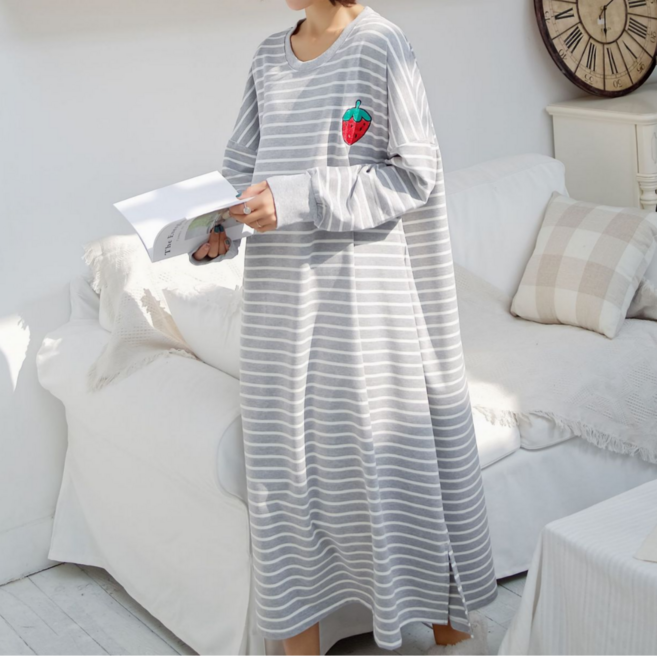 COZYLUX 여성 빅사이즈 스트라이프 롱 원피스 잠옷 홈웨어 간절기 루즈핏 편한 데일리 실내복 파자마