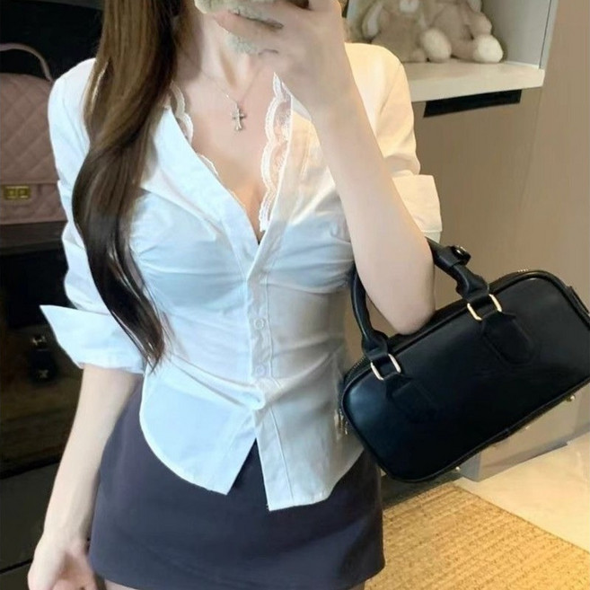COSYEVNO 여성 봄여름 레이스 브이넥 슬림핏 셔츠 블라우스 BCXbcs-2