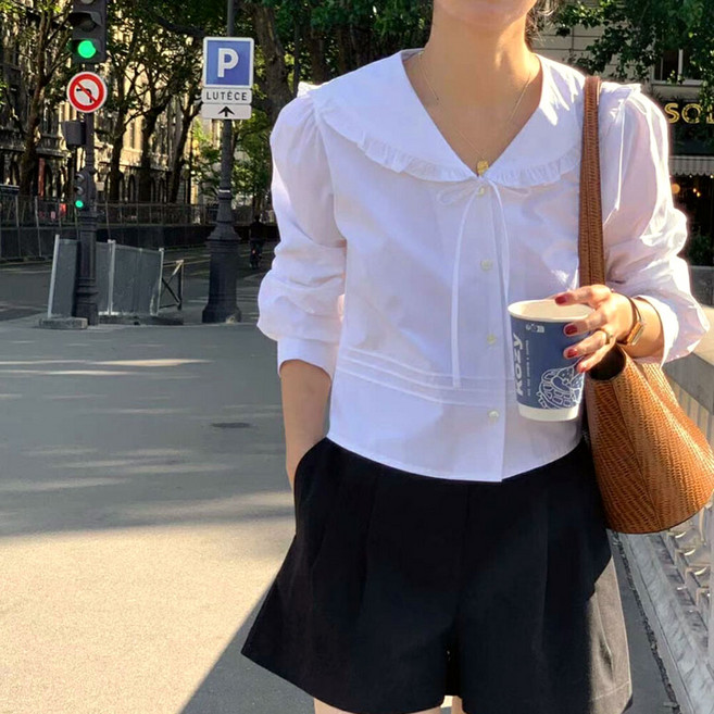 [SML사이즈]여성 베이직 세일러 카라 프릴 블라우스 빅사이즈 카라셔츠 남방 L사이즈