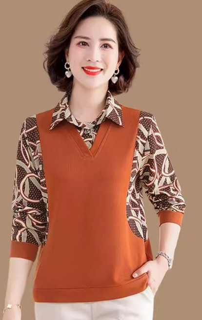 중년 여성 셔츠 봄 가을 루즈핏 긴팔 블라우스 상의 엄마 캐주얼 기질 이너 티셔츠 SJS