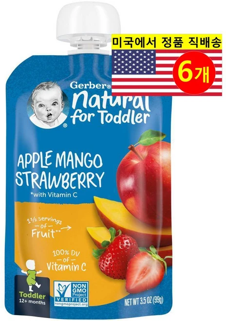 Gerber 12개월 이상 유아용 오가닉 과일 곡물 채소 퓨레 이유식 99g 6개 - 쿠팡