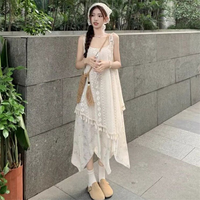 swygsqql 해변 바캉스룩 투피스 나시 원피스 여름 기질 프린트 수술 언밸런스 비치 플로럴드레스 비치웨어