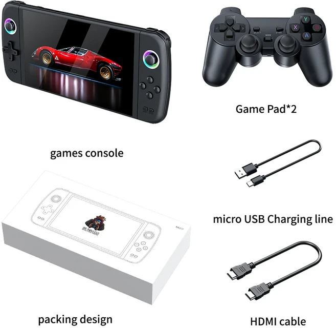 7.0 인치 큰 화면 M27 휴대용 포켓 레트로 비디오 게임 콘솔 1024x600 디스플레이 지원 LINUX Emelec 64G 1, 01 128G 30000 Games, 04 with gamepad