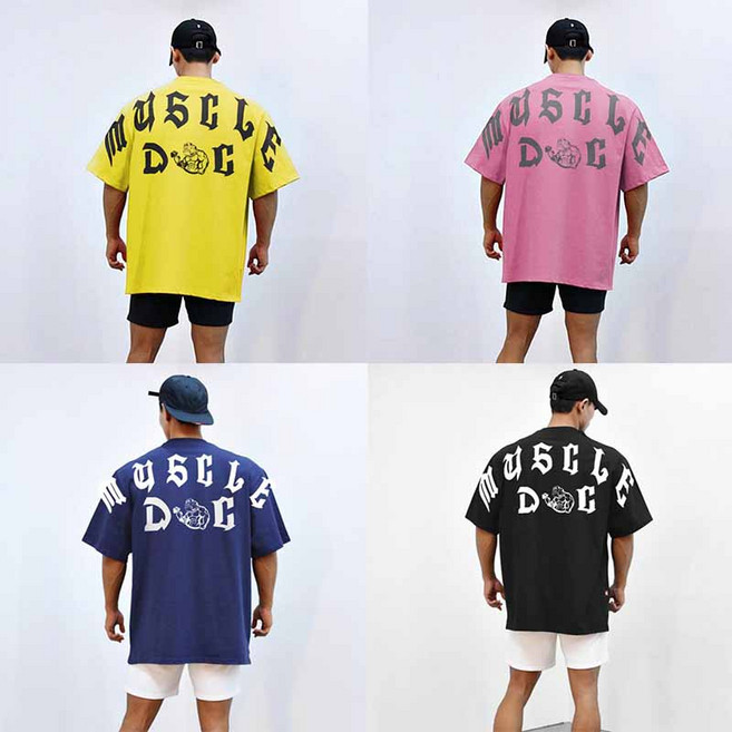 피지크히어로 MUSLE DOG 후면 빅로고 통기성 메쉬 오버핏 피트니스 헬스 반팔 티셔츠