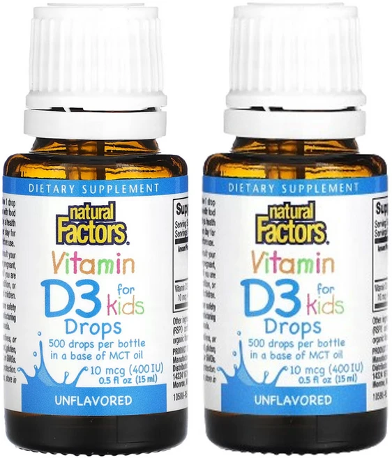 네츄럴팩터스 어린이용 비타민D3 드롭스 무향 10mcg(400IU) 0.5fl oz(15ml), 2팩, 15ml - 쿠팡