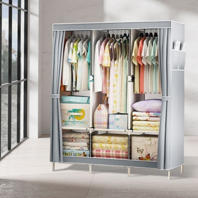 패브릭 옷장 튼튼한 접이식 오픈형 자취방 옷장 원룸 드레스 커튼형 조립형 이동식 수납장 수납함 시스템, 트리플 옷장 그레이, 트리플 옷장 그레이