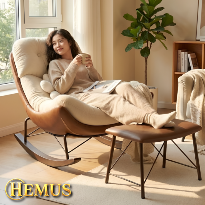 HEMUS 프리미엄 편한 1인용 1인 리클라이너 흔들의자 쇼파 안락 의자 독서 휴식 거실, HM아이보리, (2)스툴포함