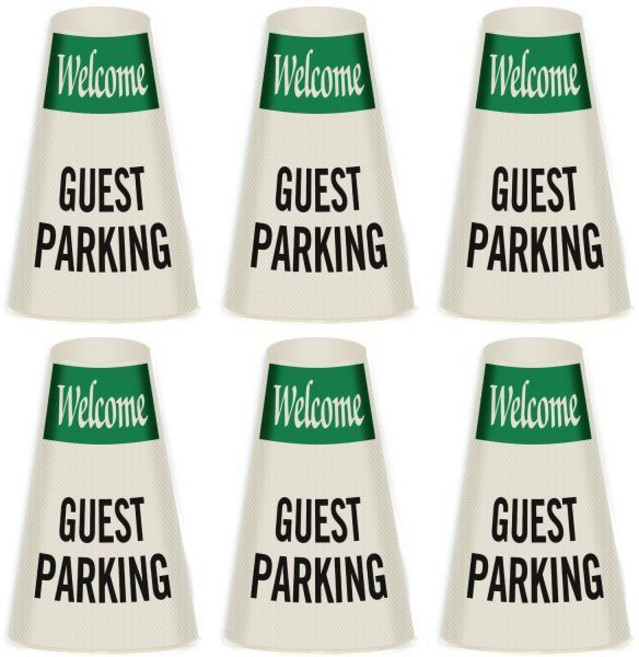 스마트사인 6팩 웰컴 게스트 주차 반사형 콘 메시지 슬리브 칼라 360도 가시성 교통 안전 콘용 접착식 비닐 표지판 3면 인쇄 미포함 미국산, Pack of 6, Guest Parking