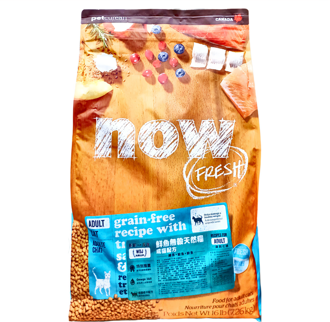 now FRESH 成貓配方 無穀天然糧, 鱒魚 + 鮭魚 + 鯡魚, 16lb, 1袋