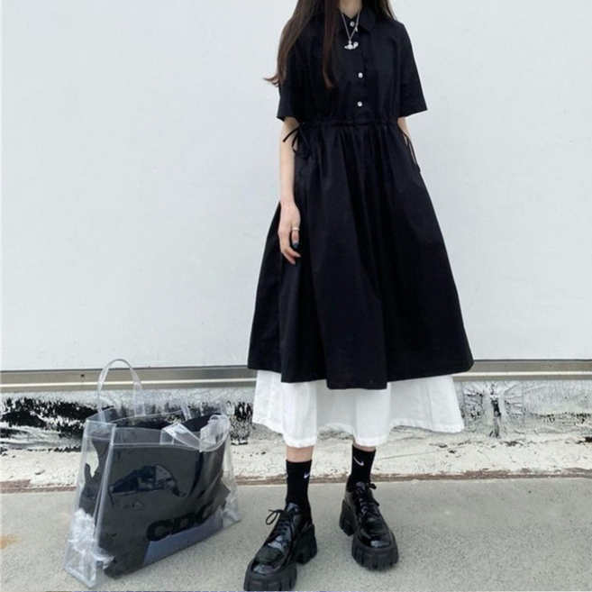 (완전 추천) 150kg까지 빅사이즈 여성 페이크 레이어드 카라 허리꼬임 롱 원피스 여름 편한 모던 검정 날씬해보이는 버튼 주머니있는 스트랩 디자인 반팔 시원한 플레어 원피스