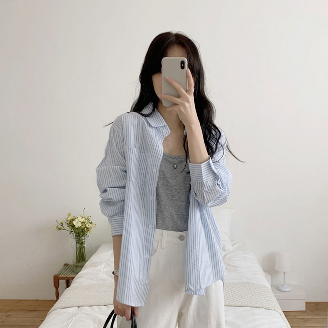 [55~88사이즈]데일리 여성 스트라이프 셔츠 긴팔 남방 카라셔츠 빅사이즈 루즈핏 오버핏 하객룩 피크닉 여름셔츠 자외선 간절기 77사이즈 88사이즈