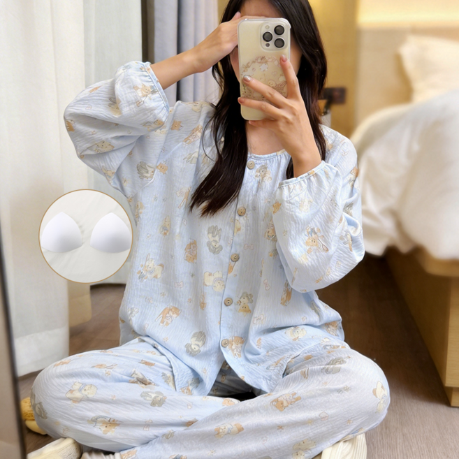 yopence 구름솜 여성 잠옷 파자마 긴팔 홈웨어 잠옷 상하세트 브라 패드 내장형 수면잠옷