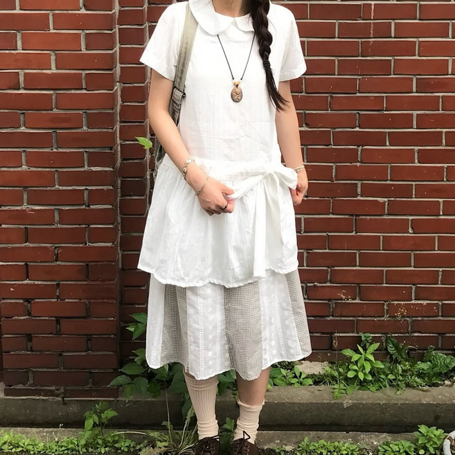 【減齡甜美】連衣裙 學院風連衣裙 格子連衣裙 娃娃領連衣裙 蝴蝶結繫帶 日系ins風 夏季新款 東大門同款 約會度假穿搭, 白色